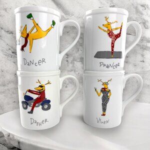 Pottery Barn Christmas Reindeer Mugs: Dasher, Dancer, Prancer & Vixen Set of 4